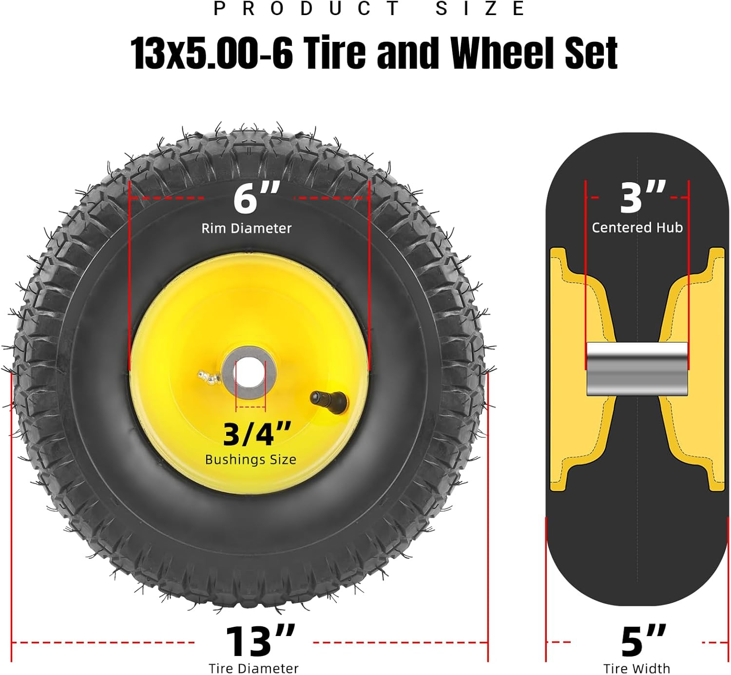 13X5.00-6 Tire and Wheel Assembly (2-Pack), Tubeless Lawn Mower Tire with Rim, w gallery