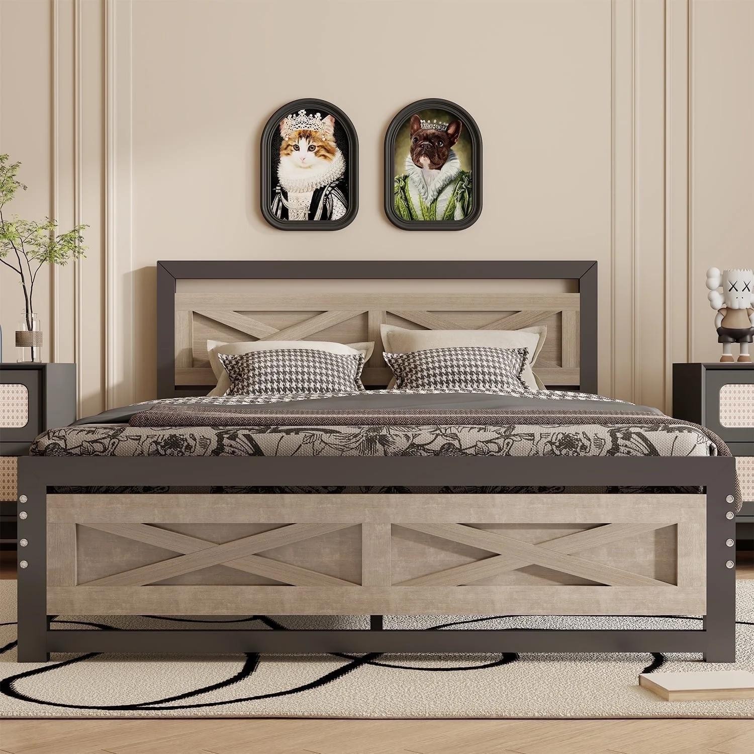 Queen Size Platform Bed Frame Farmhouse Headboard Footboard Under Bed Storage gallery