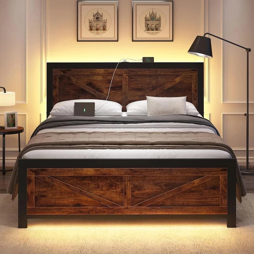 LED Bed Frame King Size with Charging Station Rustic Brown Wood Platform Bed NEW