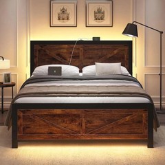 LED Bed Frame King Size with Charging Station Rustic Brown Wood Platform Bed NEW