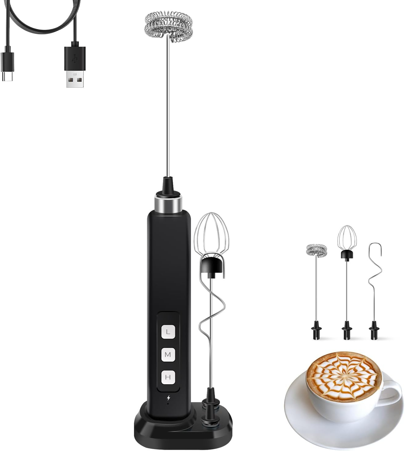 Rechargeable Milk Frother Handheld with 3 Detachable Stainless Whisks, 3 Speed A gallery