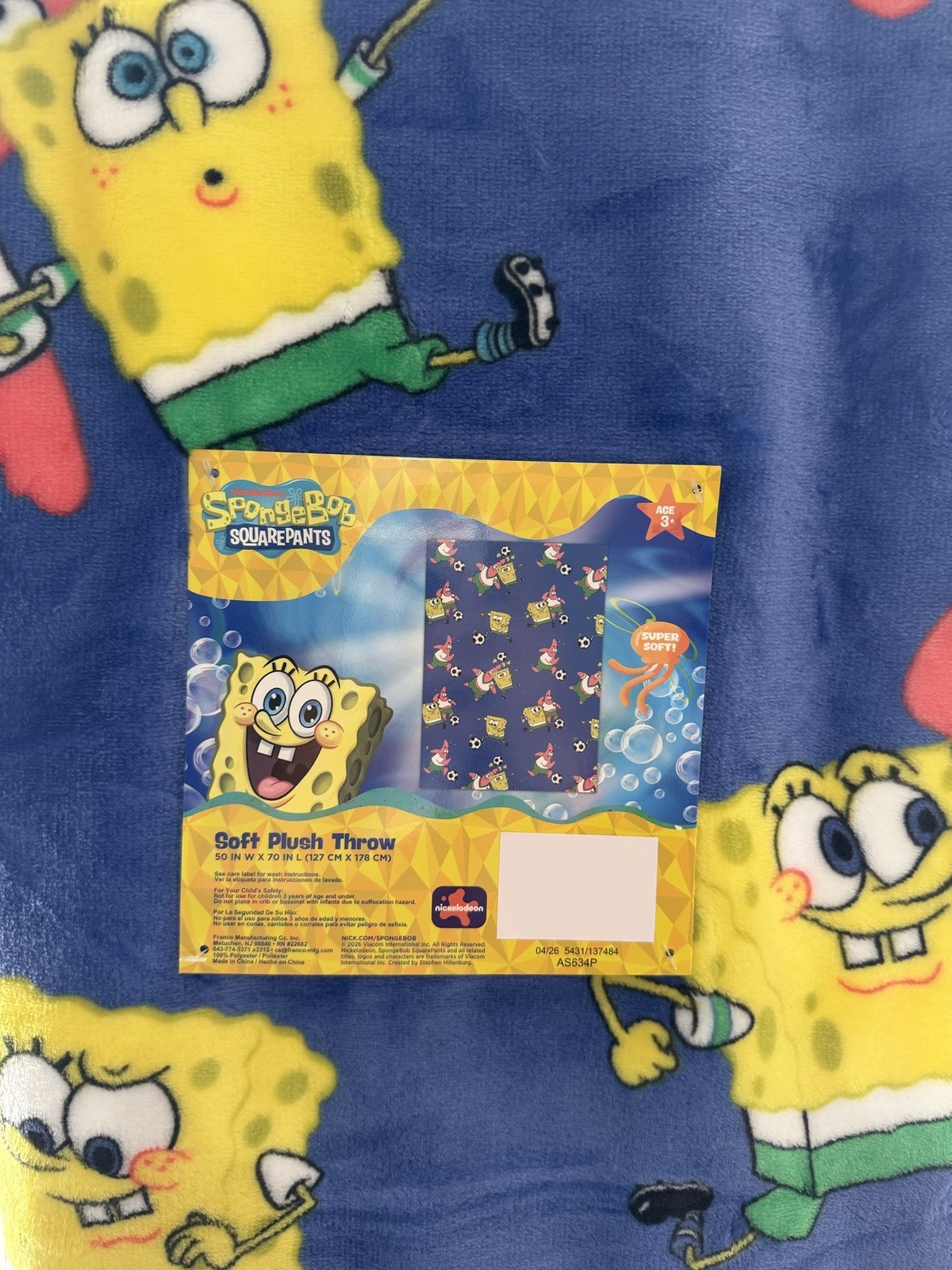 Nickelodeon SpongeBob & Patrick Plush Throw Blanket 50 x 70 in Blue Washable gallery