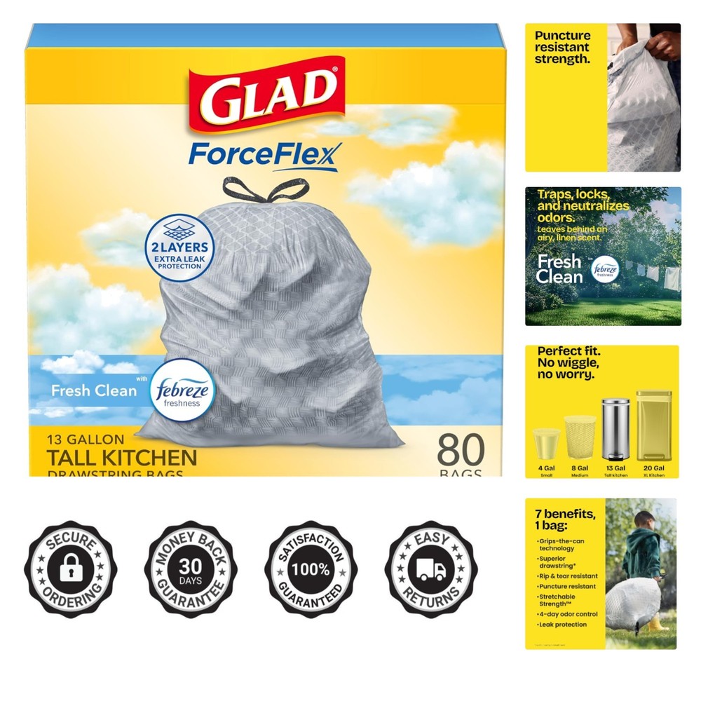 ForceFlex 13 Gallon Scented Kitchen Trash Bags, 80 Count | Febreze Fresh Clean
