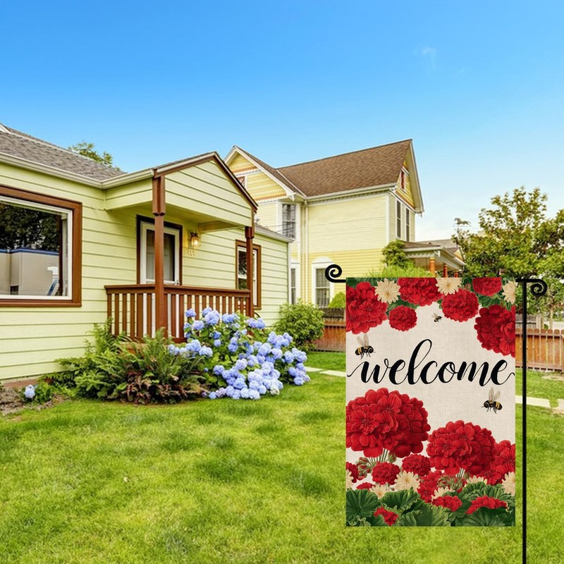 Spring Summer Geranium Welcome Garden Flag 12x18 Inch Red Outdoor Yard Decor gallery