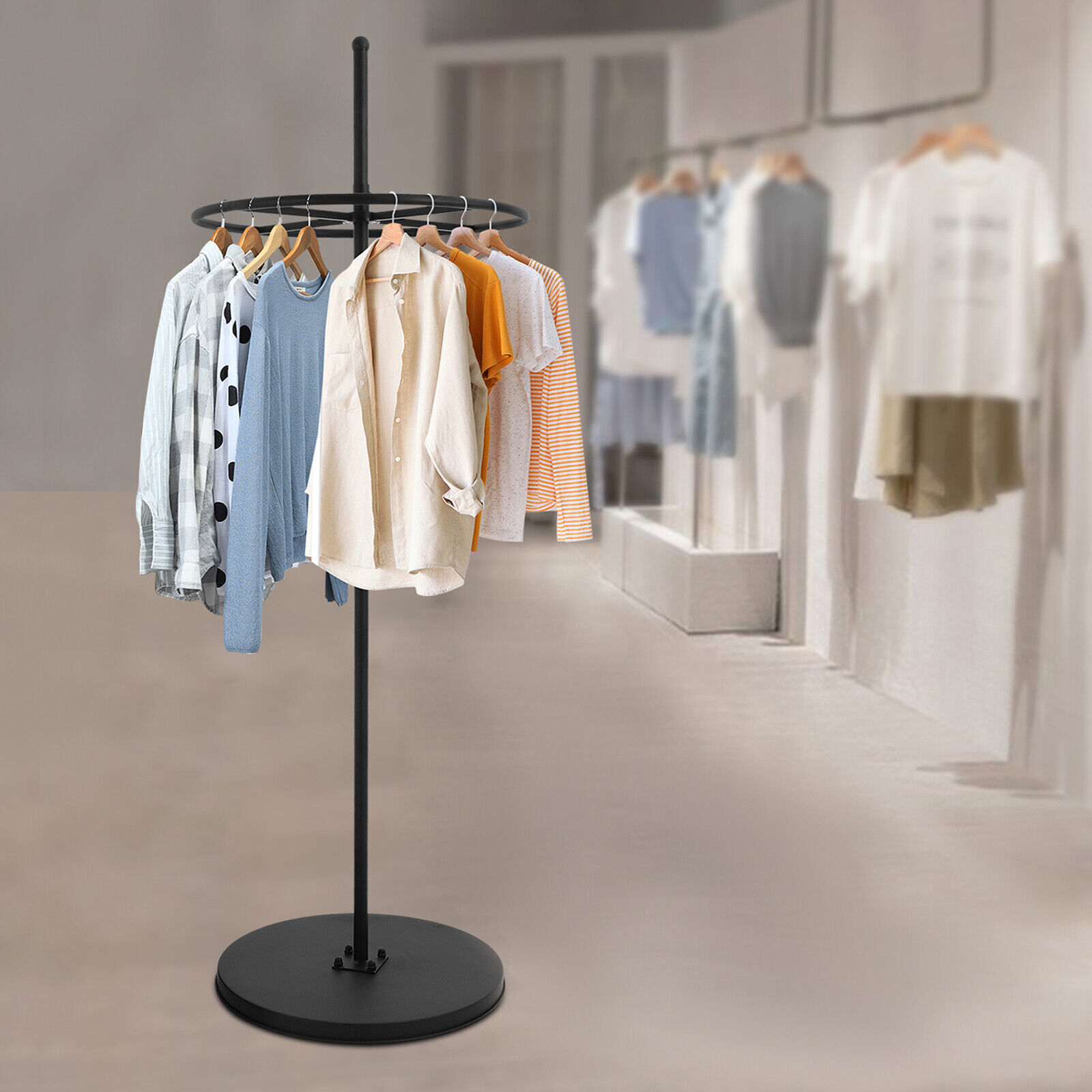 Black Modern Round Steel Floor Standing Clothing Display Rack for Home & Retail gallery