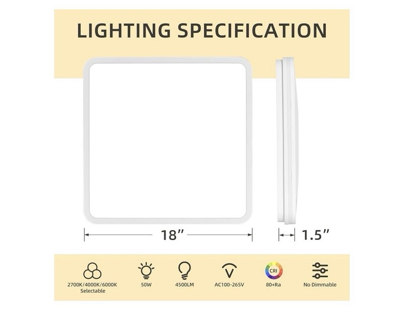 18" Square LED Panel Light, 3CCT Selectable, 50W, 4500LM, IP45, White gallery