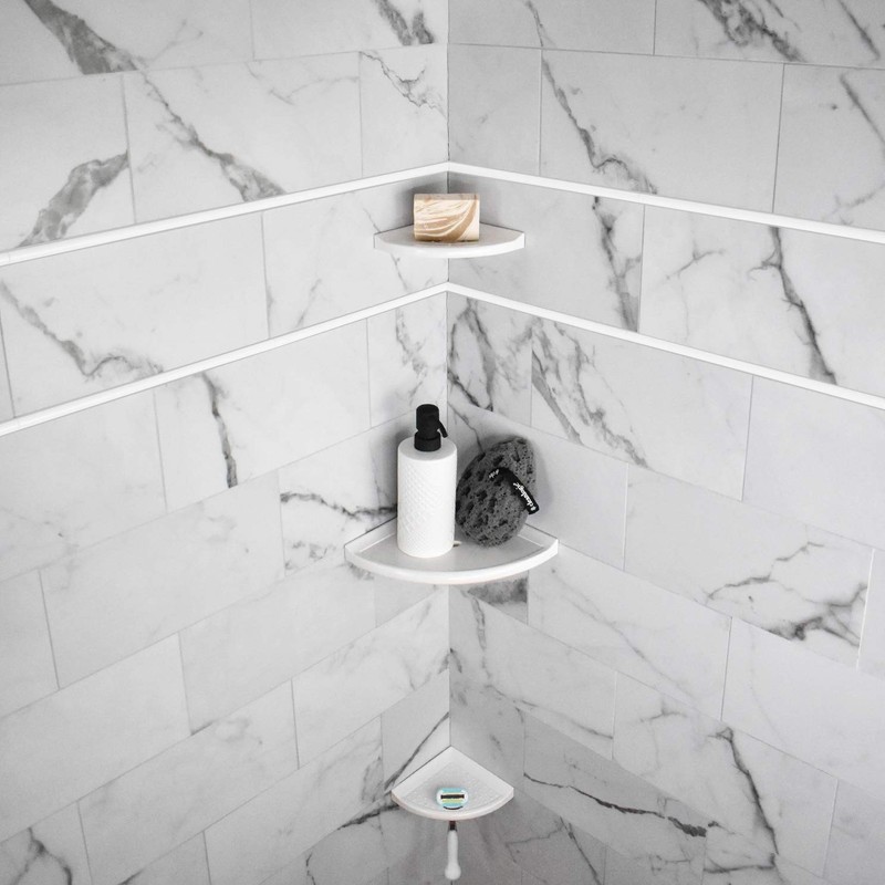 Questech 10" Corner Shower Shelf, Retrofit Tile, Metro Flatback, White Polished gallery