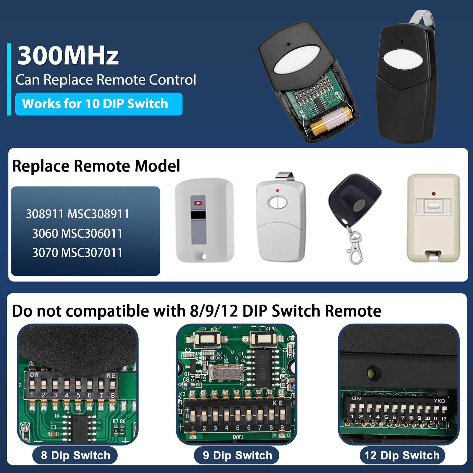 2 PCS 3089 Multi-Code Gate Opener Remote, 300 MHz, 10 Dip Switch, Linear, 308911 gallery