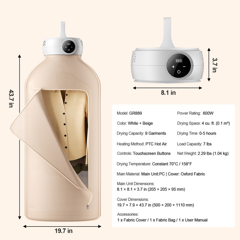 VEVOR Portable Clothes Dryer PTC Heating & LED Display Dryer Bag 5-H Timer 600W gallery