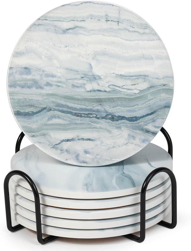 Drink Coasters with Holder for Coffee Table, Absorbent Coasters Set of 6, Marble gallery