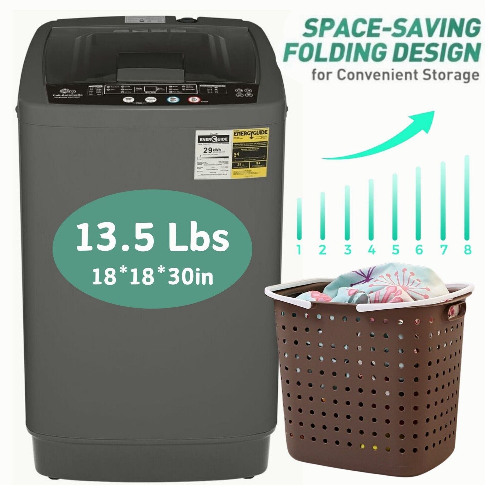 Full Automatic Washing Machine 13.5Lbs Compact Laundry Washer with Drain Pump gallery
