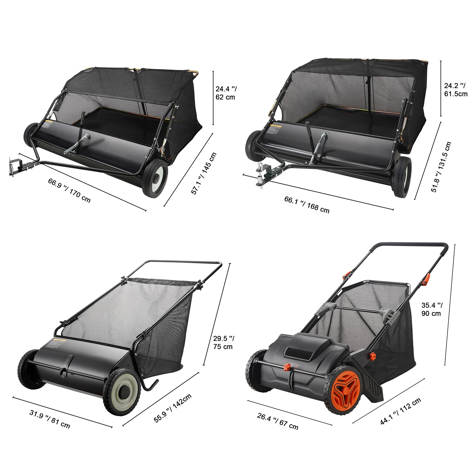 VEVOR Lawn Sweeper Tow Behind / Hand Push Leaf Grass Yard Collector Adjustable gallery