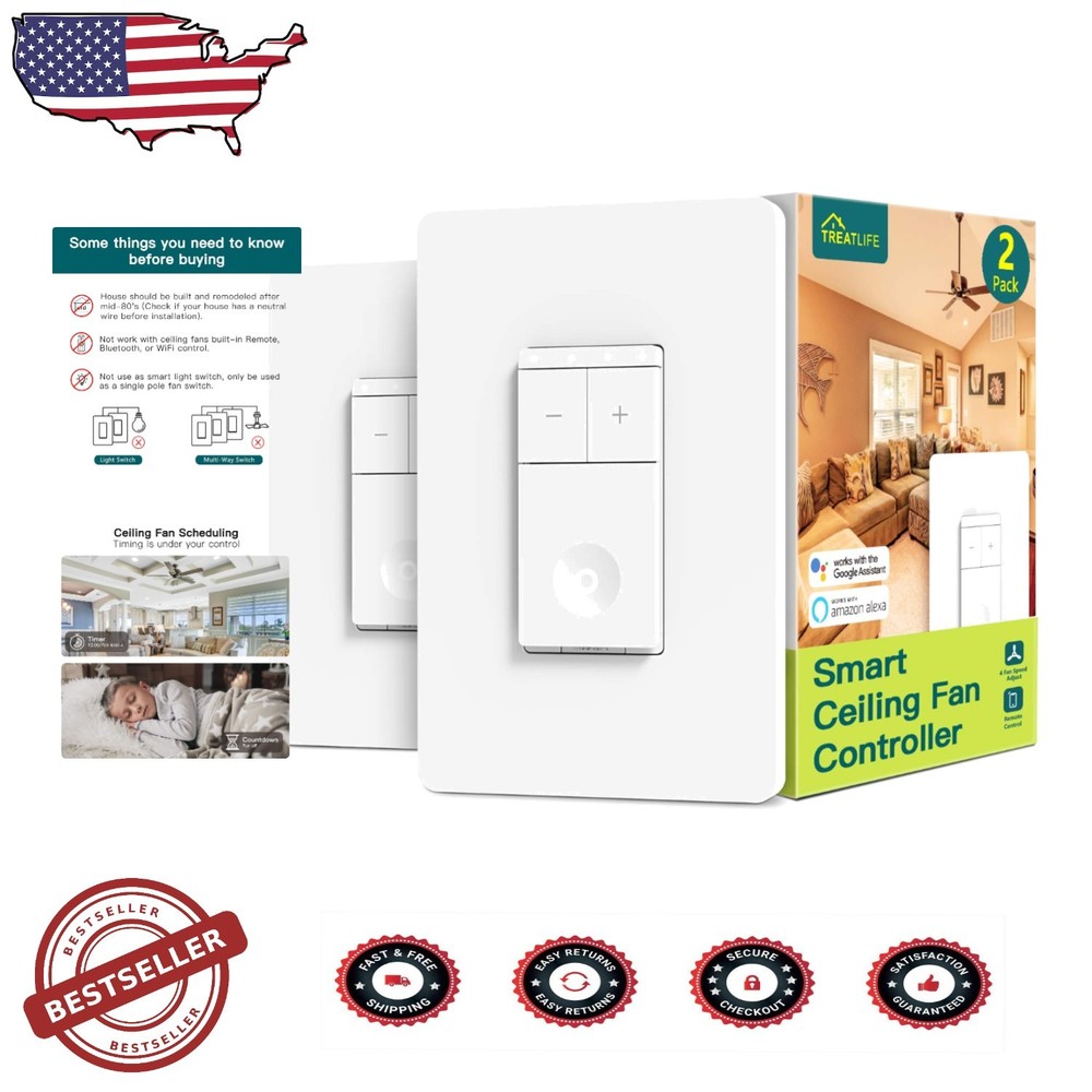 Smart Ceiling Fan Switch 2pk, Alexa Voice Control, 4 Speed Wall Mount, No Hub