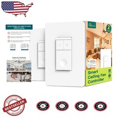 Smart Ceiling Fan Switch 2pk, Alexa Voice Control, 4 Speed Wall Mount, No Hub
