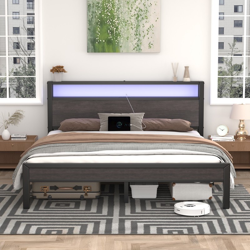 King Size Bed Frame with Storage Headboard and LED Lights and Charging Station gallery