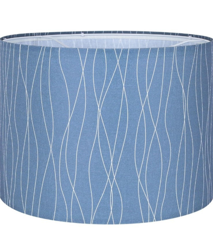 Blue Fabric Drum Lamp Shade Wavey Lines 13" x 13" x 10"