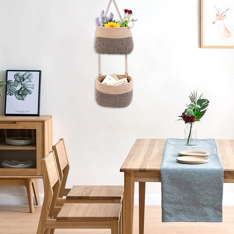 Over The Door Hanging Basket, 2 Tier Cotton Rope Woven Wall Basket, Magazine ... gallery