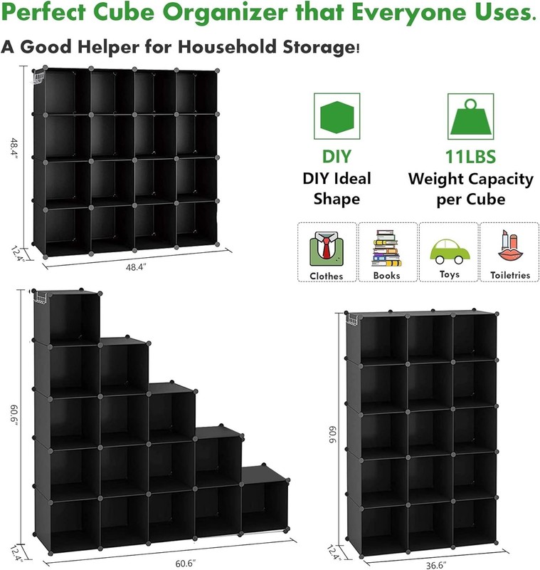 Functional 16-Cube Storage Unit - Black Plastic Organizer, Space-Saving Design gallery