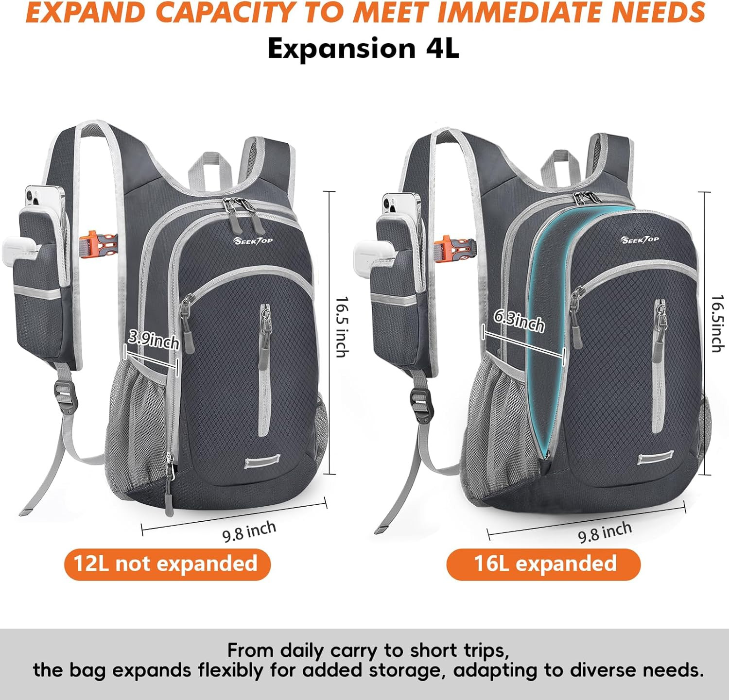 Small Hiking Backpack Expandable 12L-15L, Lightweight Packable Waterproof Daypac 2