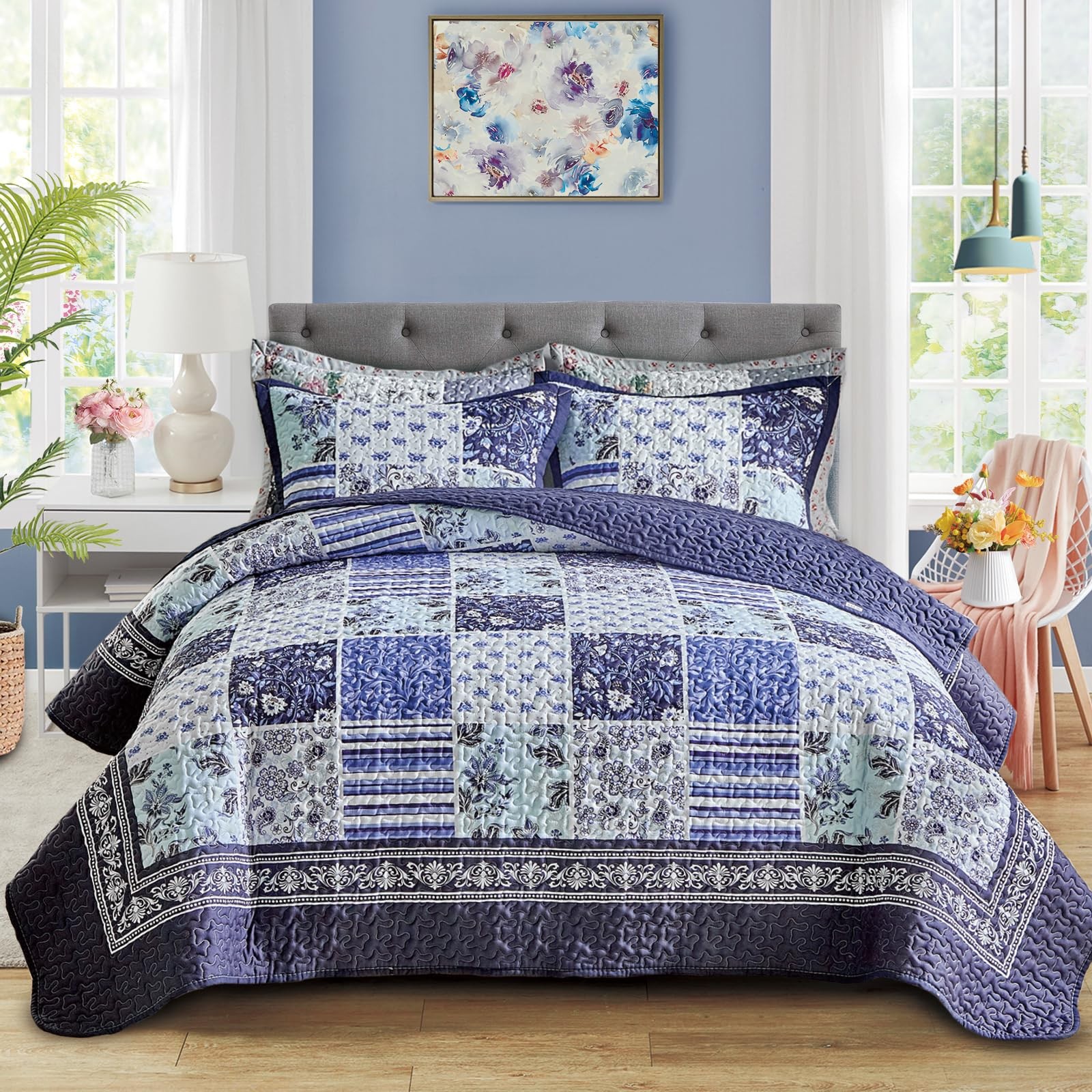 Patchwork Quilt Set King Size,3 Pieces Navy Blue White Floral Plaid Reversibl... gallery