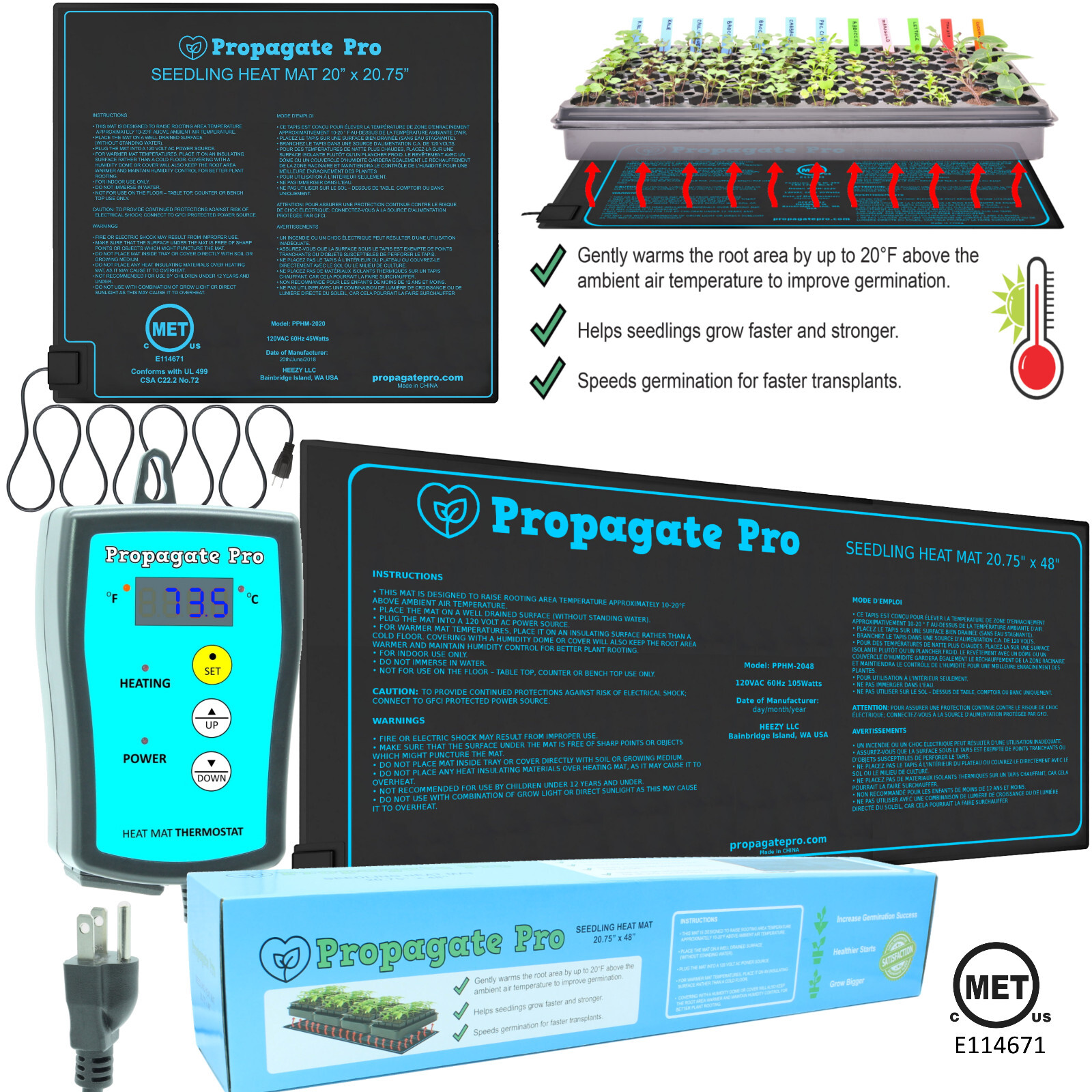 Propagate Pro Seedling Heat Mat Multi Size One Two or Four 1020 Trays Thermostat gallery
