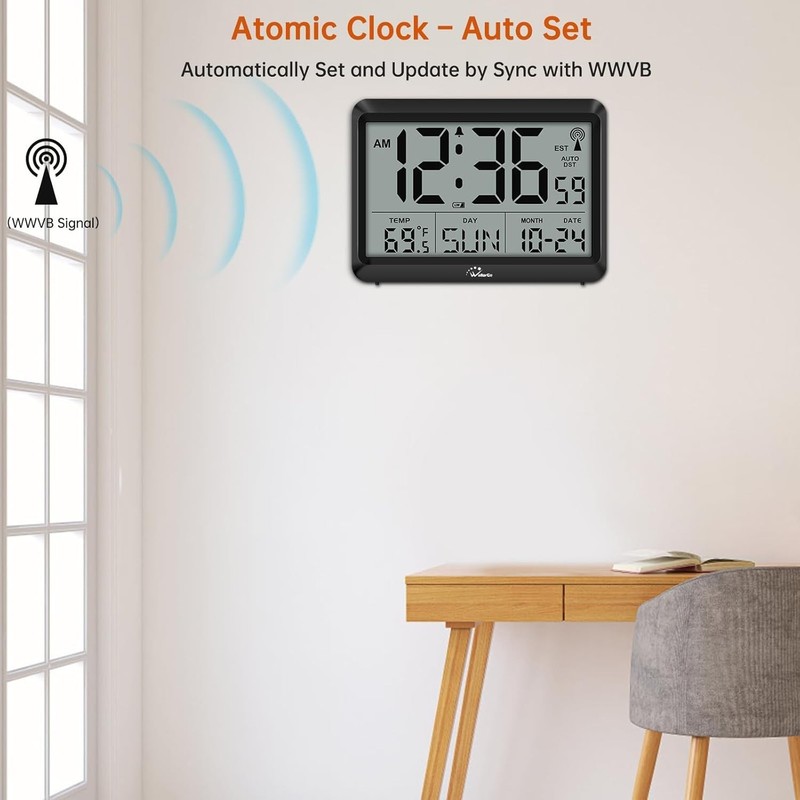 Atomic Digital Wall Clock Battery Operated, Self-Setting, Large Display with Tem gallery