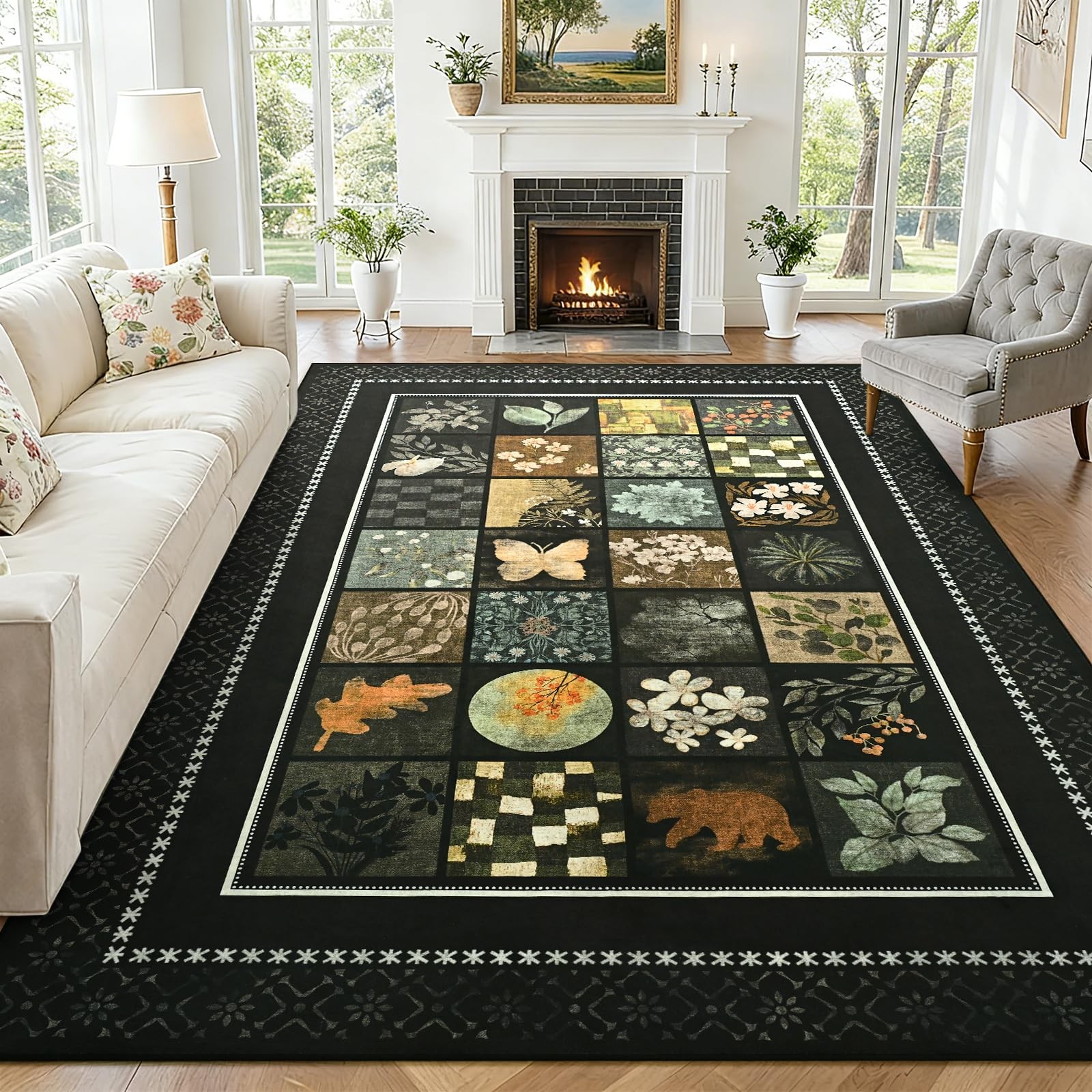 Floral Area Rug 4x6 Ft Geometry Print Living Room NonSlip Low Pile Black Mat gallery