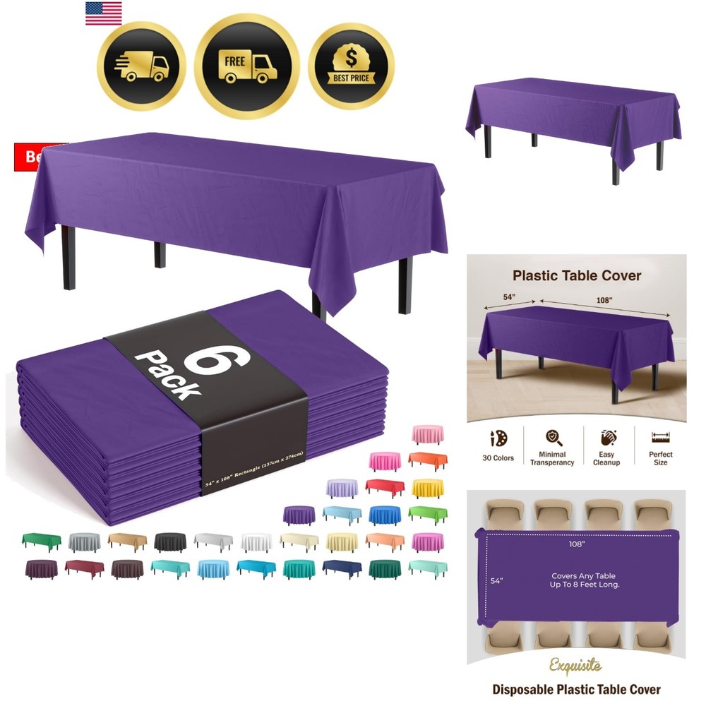 Exquisite 6-Pack Plastic Tablecloth 54in. x 108in. Rectangle Plastic Table C...