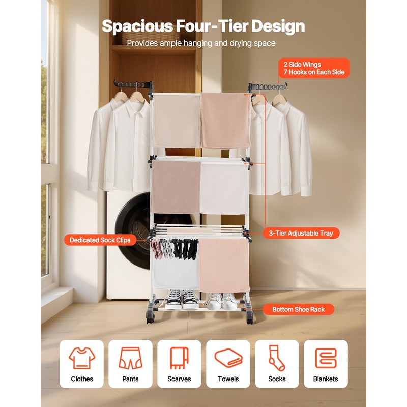 67.5“ Foldable Clothes Drying Rack Rolling Folding 4-Tier Dryer Hanger 4 Castors gallery