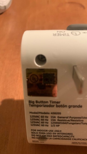 Big Button Timer 24 Hour Model 458205 For Indoor Use Only 125Vac 60 Hz 15A 1/2P gallery