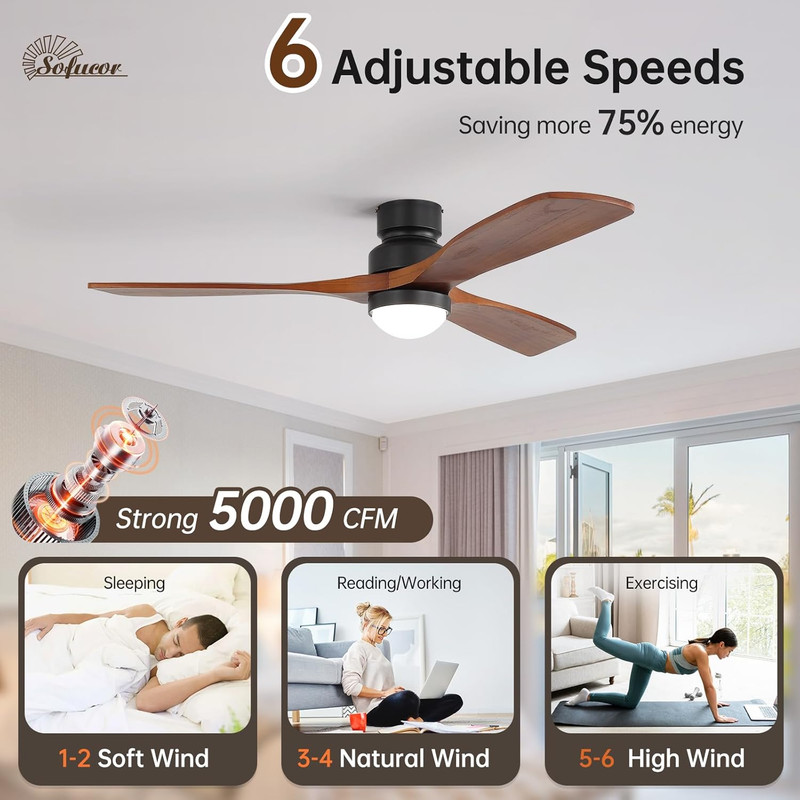 Sofucor 52" Solid Wood Ceiling Fan Lights, Flush Mount & Downrod Mount Ceiling F gallery