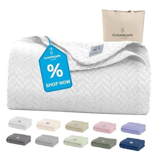 Cloud Scape Linen Herringbone Cotton Throw Blanket for Throw (50" x 70") White
