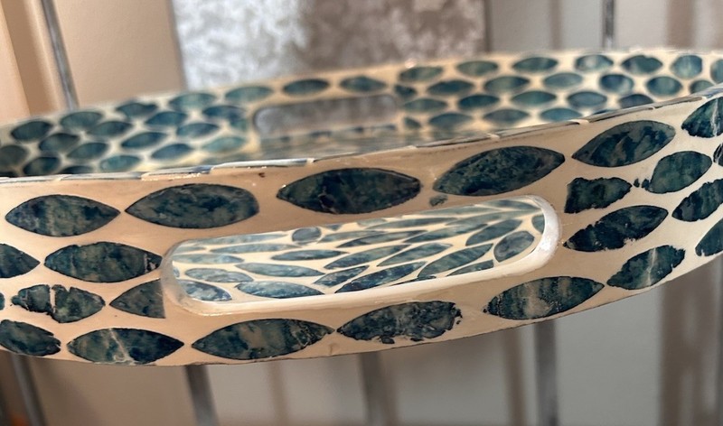 Blue Capiz Shell Mosaic Serving Tray Round Decorative Coastal Beach House 12” gallery