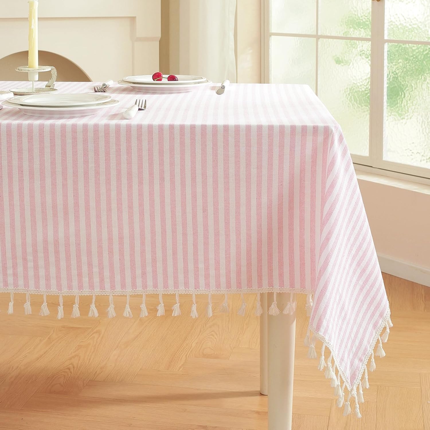 Striped Square Tablecloth, Cotton Blend Fabric Pink Table Cloth with Tassel, gallery