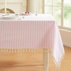 Striped Square Tablecloth, Cotton Blend Fabric Pink Table Cloth with Tassel,