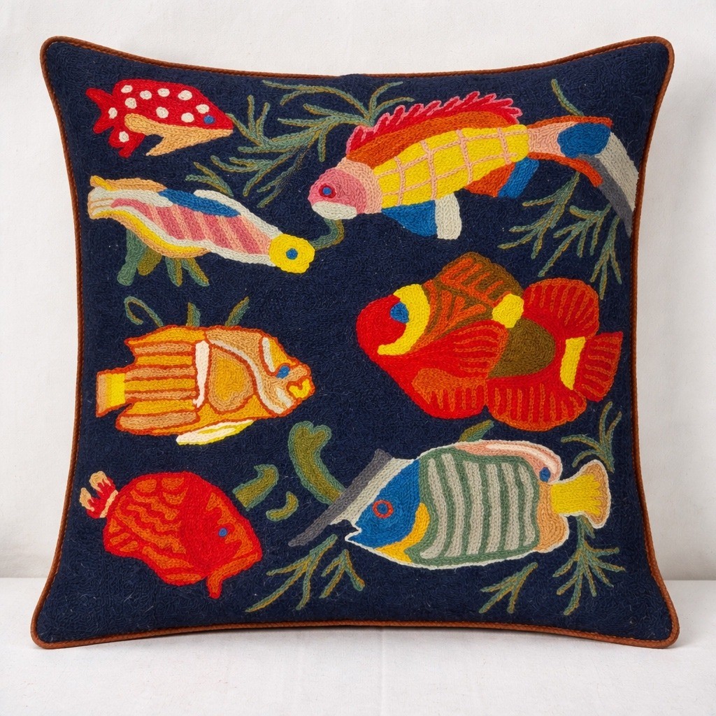 Kashmir Handmade Wool Embroidery Fish Pillow Cover Navy Blue 18x18 Square gallery