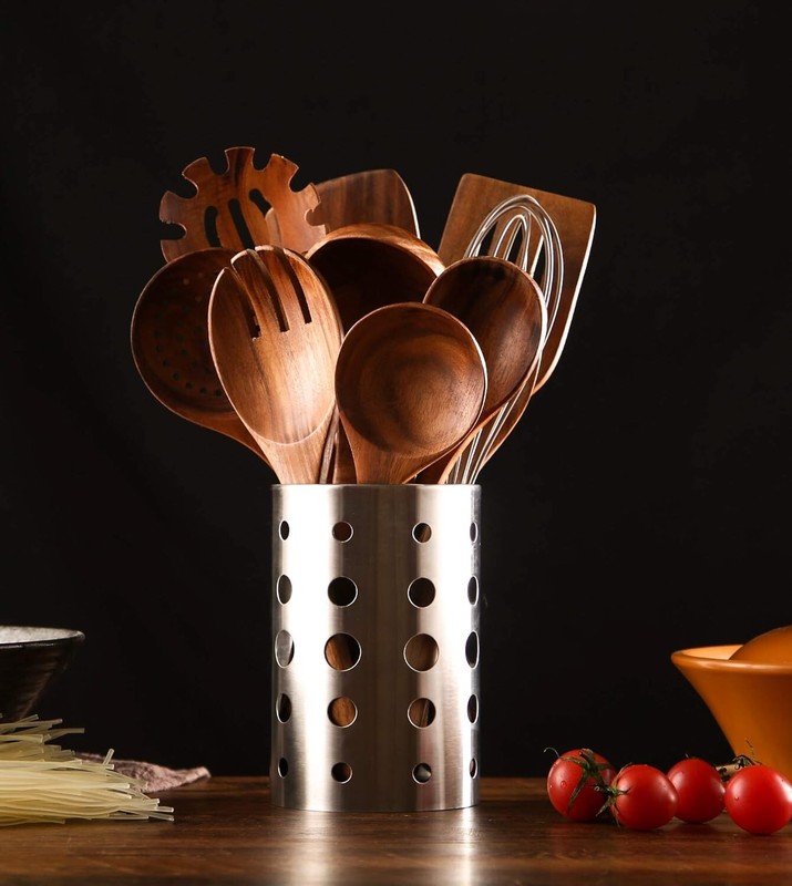 Versatile Teak Utensils Set - 11 Essential Kitchen Tools with Storage Barrel gallery