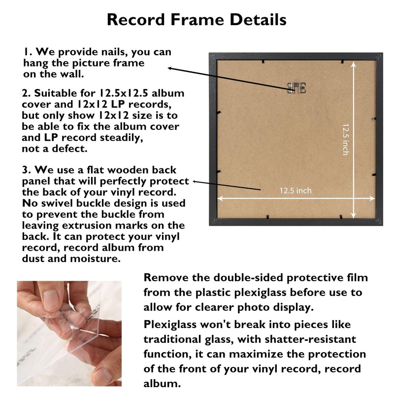5 Pack Vinyl Record Frames 12x12 LP Album Cover Wall Display 12.5x12.5 Black gallery