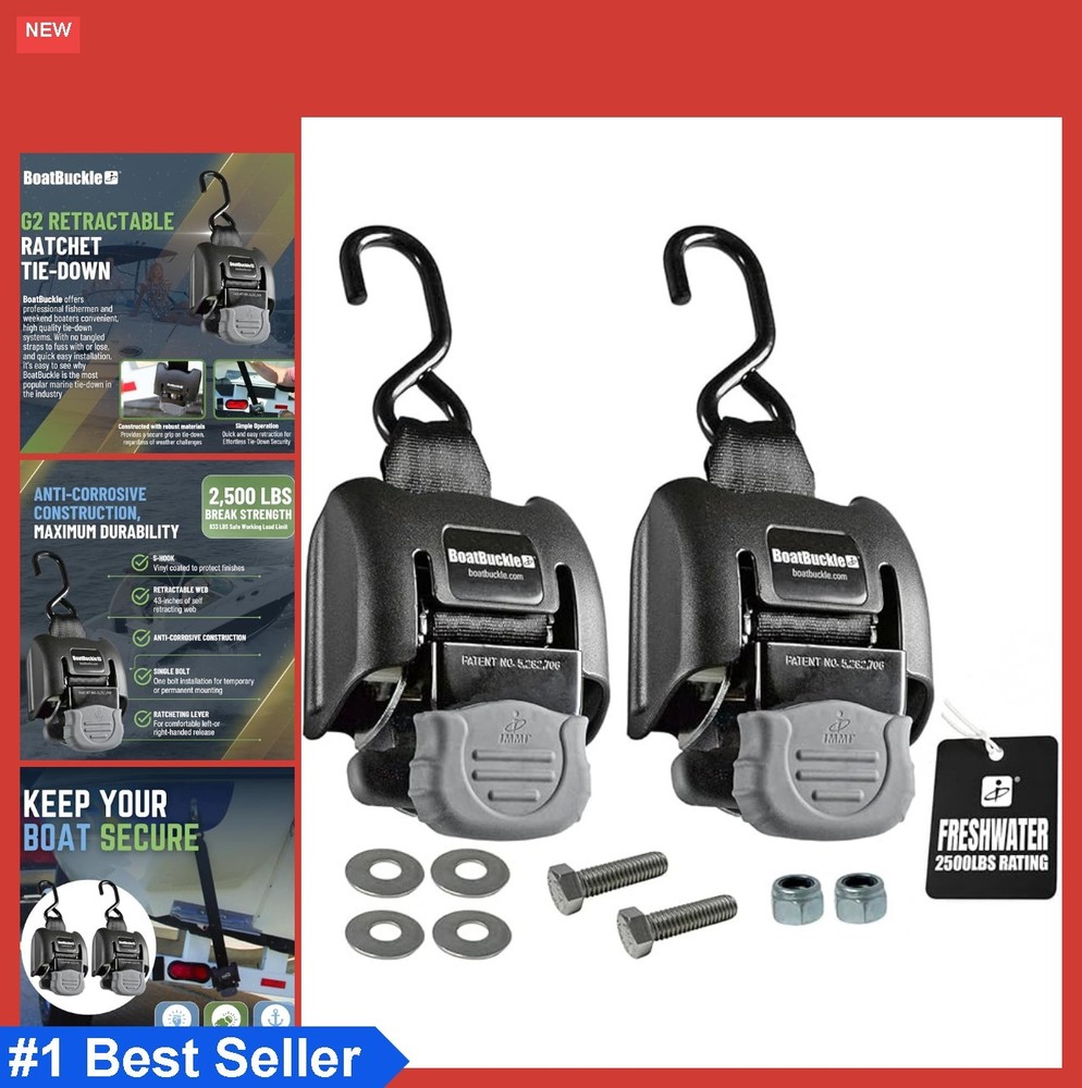 Retractable Boat Tie Down Straps 2 Pack 43 Inch 2500lb Break Strength Ratchet