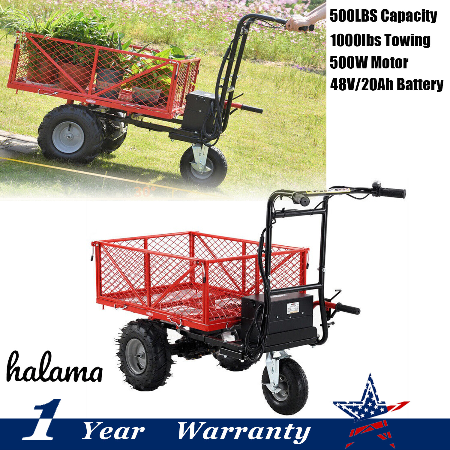 500W Electric Wheelbarrow Utility Cart Wagon 500lbs Load Capacity 1000lbs Towing gallery