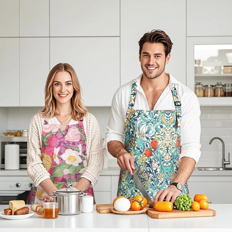 2 Pack Floral Aprons with Pocket Adjustable Kitchen Cooking Aprons for Women gallery