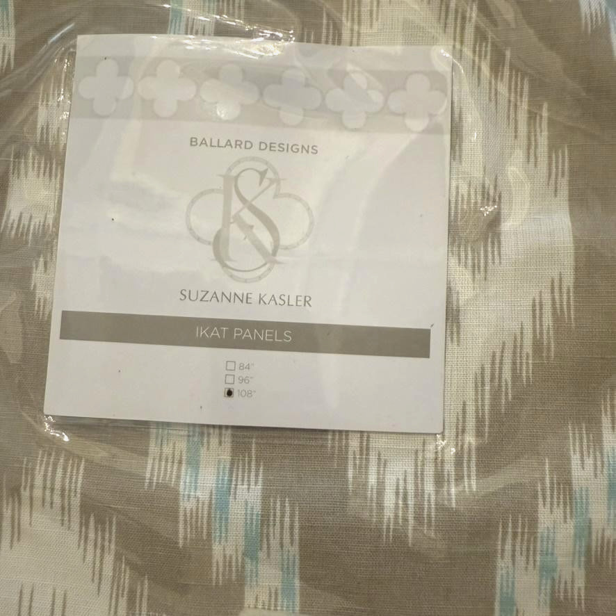 NIB Ballard Designs Suzanne Kasler Ikat Curtain Panel 108in Natural Aqua Linen gallery