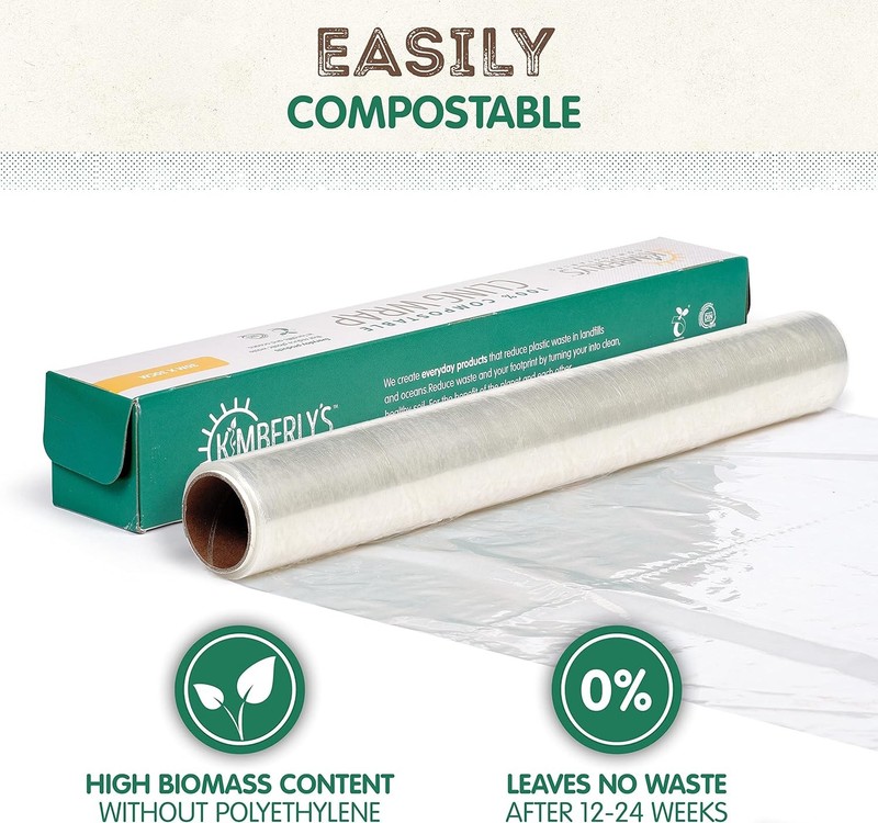 KC’s Compostable Cling Wrap – 99 ft × 12 in Roll, Extra-Thick 10 μm Plant-Based gallery