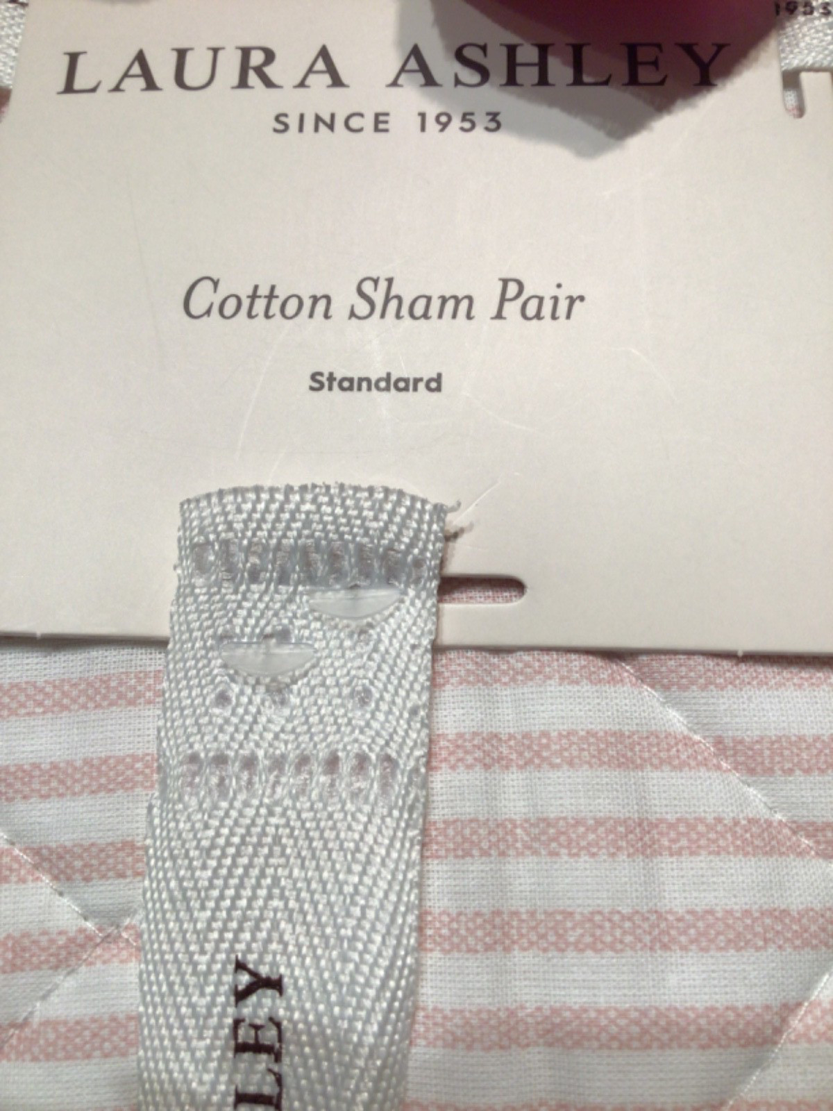 LAURA ASHLEY Standard Pillow Sham 2 PC Set Pink White Stripe Ruffled Cotton NEW gallery