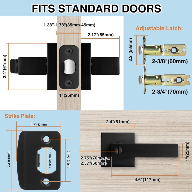 10 Pack Black Door Handle Interior Privacy Door Levers Set, Keyless Square Door gallery