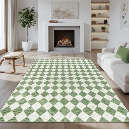 Washable Green Checkered Rug 5x7, Non-Slip Low Pile 5 x 7 ft Green Diamond gallery