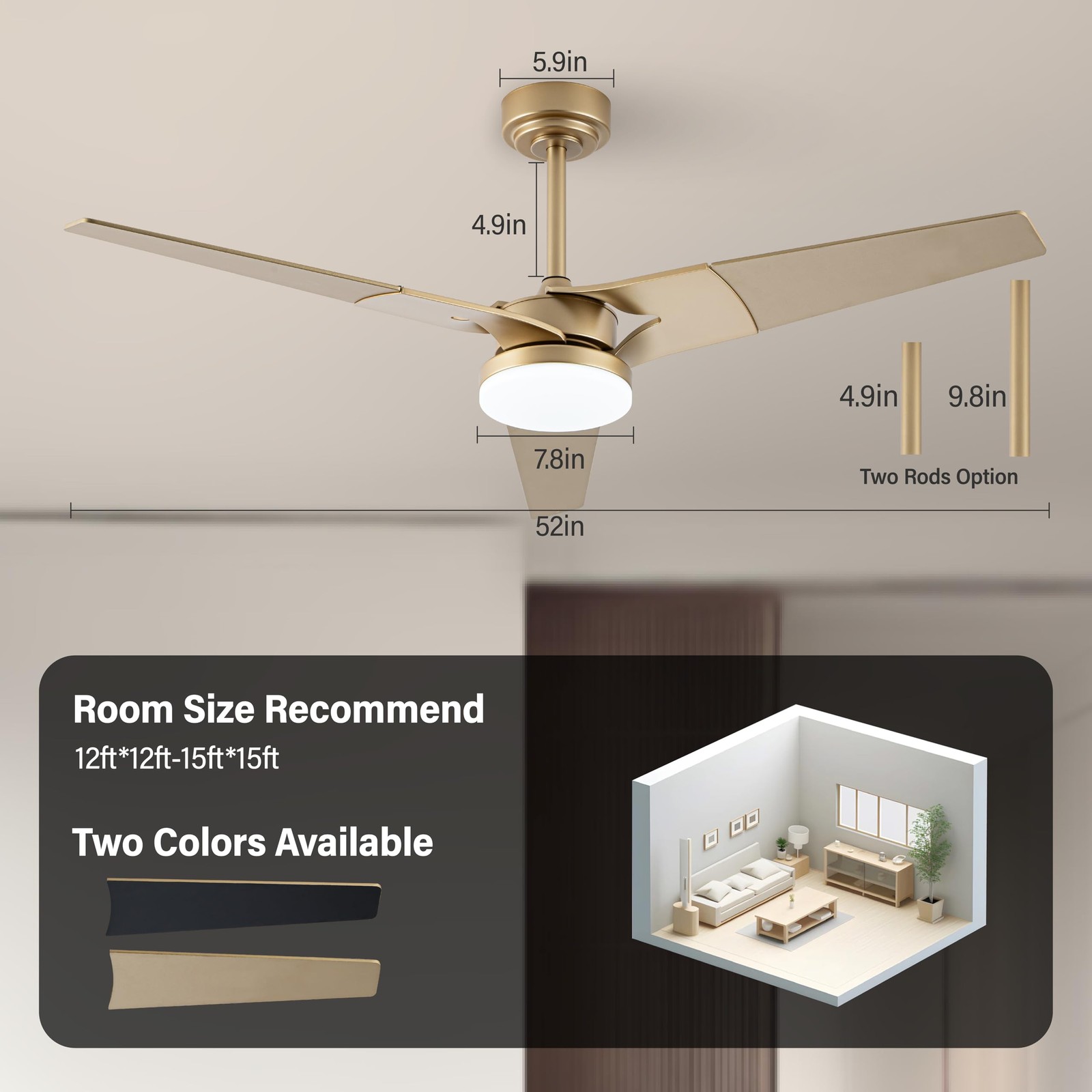 Ceiling Fan 52 In Gold LED Remote Control 3 Blade Reversible Esiovco Lights Wood gallery