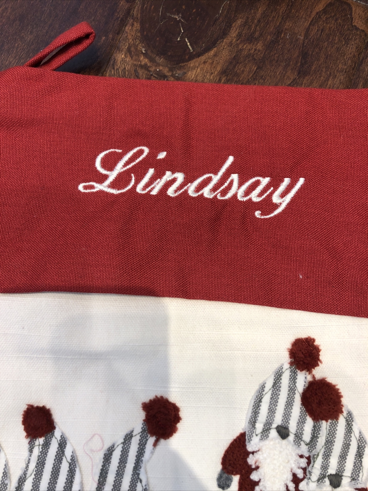 New Pottery Barn Crewel Gnomes Linen Cream & Red Christmas Stocking Mono Lindsay gallery