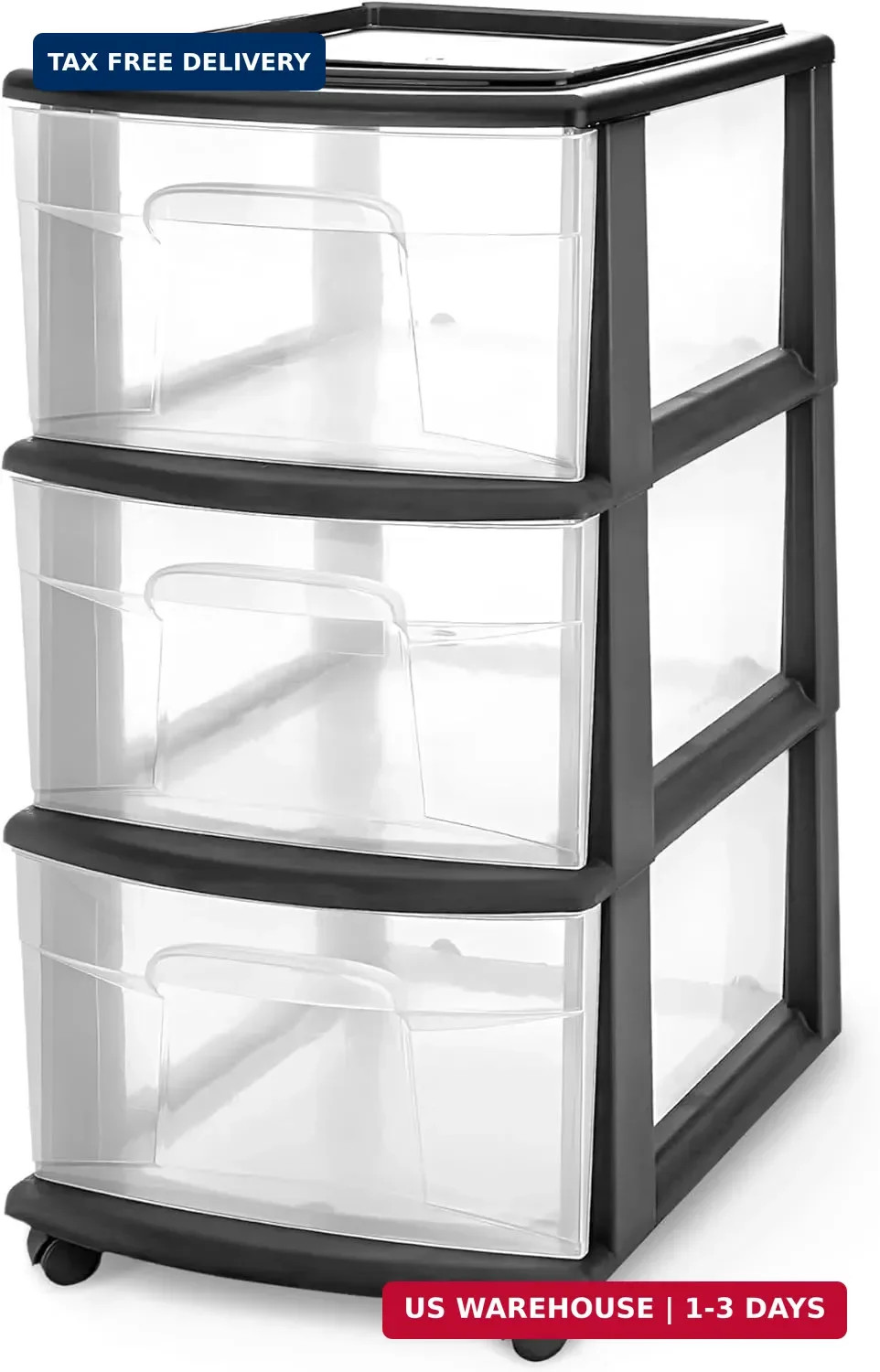 HOMZ Drawer Tower, 3-Tier Clear Plastic Storage Organizer Cart, Black Frame - Or gallery