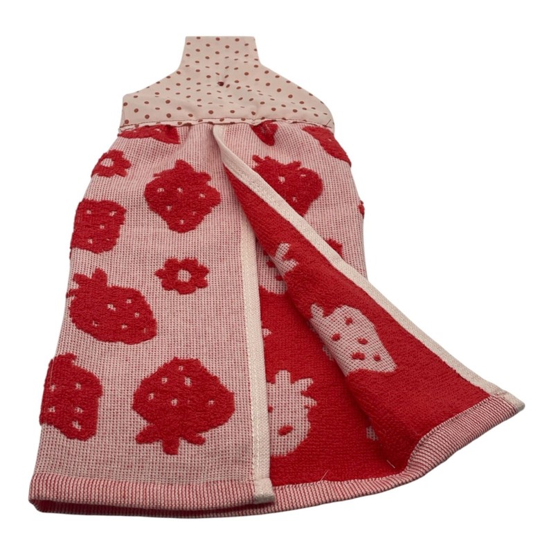 Handmade Strawberry Dishtowel With Red Embossed Strawberries on Pink Terry Towel gallery